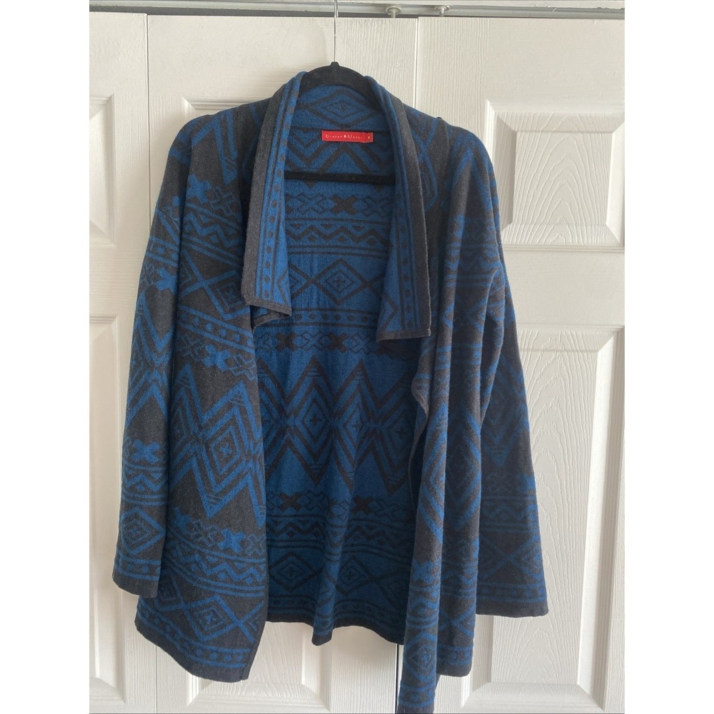 Krimson Klover Geometric Wrap Cardigan Womens Size M Blue Grey Wool Blend Alpine